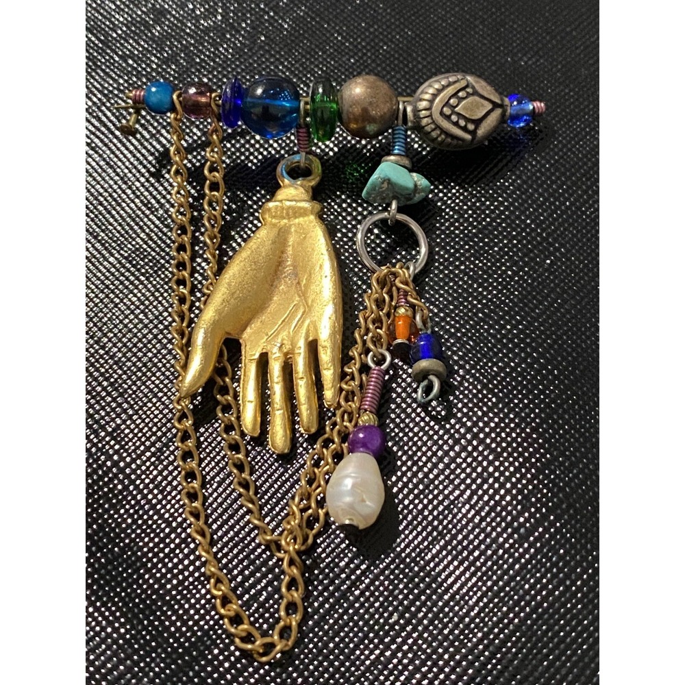 VNTG Brooch Dangling Charms Alchemy Hand Pearl Glass Beads Turquoise Good Luck